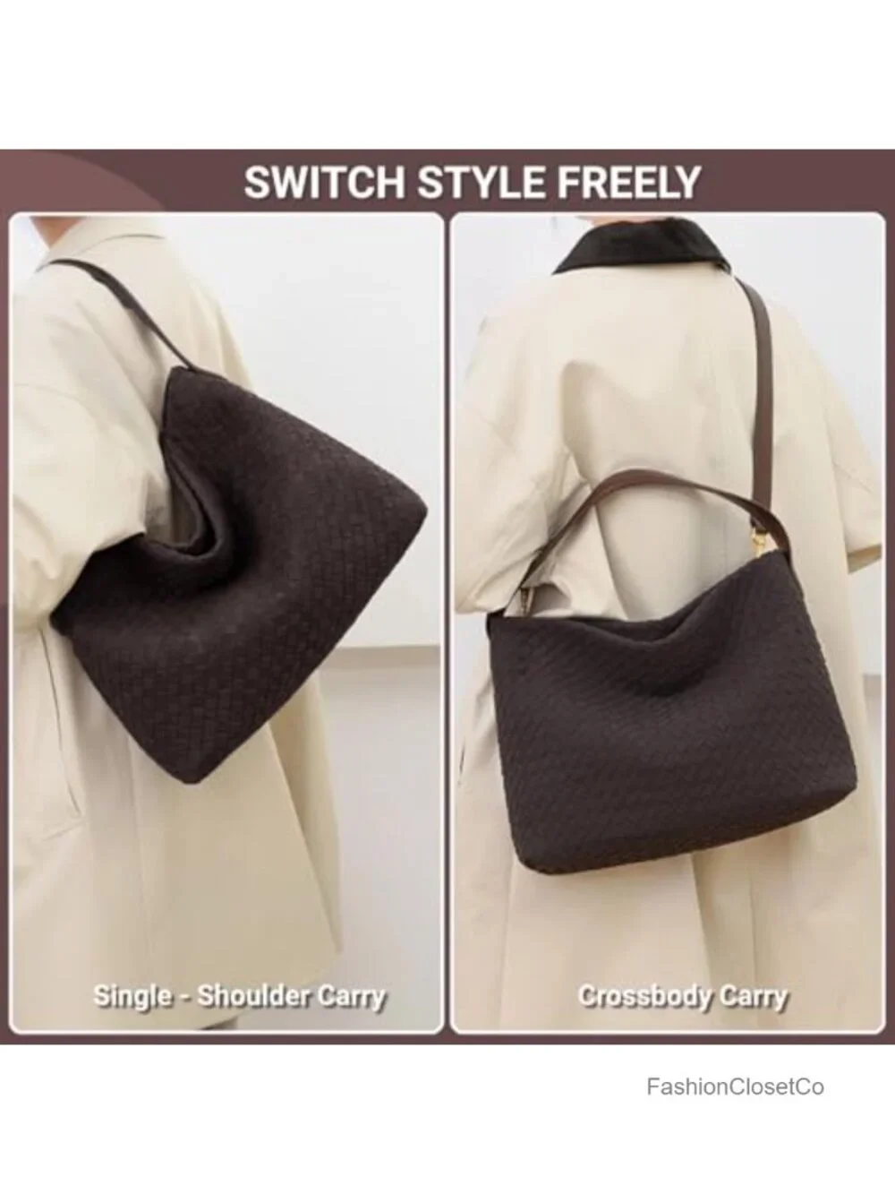 Woven Suede Hobo Bag Slouchy Shoulder Tote with Leather Crossbody Strap